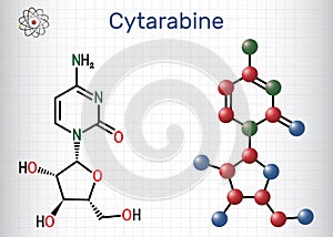 Cytarabine, cytosine arabinoside, ara-C molecule. It is chemotherapy medication. Structural chemical formula and molecule model.