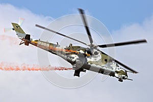 Czech Air Force Mil Mi-35 Hind attack helicopter in flight at Kleine-Brogel Airbase. Belgium - September 13, 2014