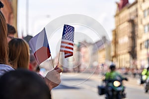 Czech and American flags at the Liberation festival in Plzen