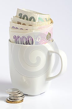 Czech coins and banknotes money currency in white cup