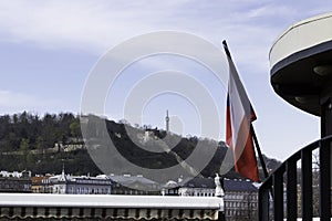 The Czech Flag and view to the hunger wall and Petrin Tower