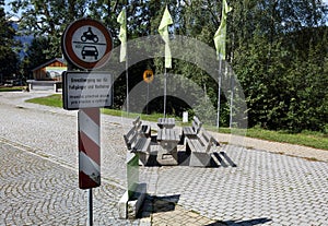 Czech - German border passing through the middle of a city and its railway station at Zelezna Ruda-Alzbetin Bayerisch Eisenstein.