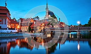 Czech Krumlov, Republic. Evening view at bridge