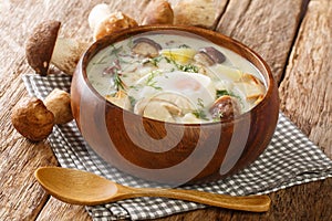 Czech Kulajda Creamy Mushroom Soup close-up in a bowl. Horizontal