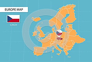 Czech map in Europe, icons showing Czech location and flags