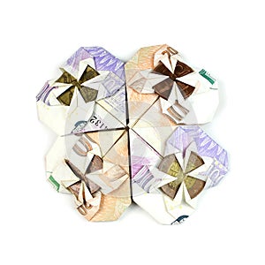 Czech money banknotes folded in heart shape on white background, Cloverleaf shape