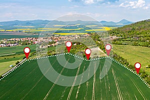 Czech realty business - Land plot in aerial view. Gps registration survey of property, real estate for map with location, area.