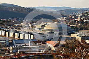 Czech republic, Brno Exhibitions Centre BVV - BVV Fairs on the cityscape taken from the hill. Europe