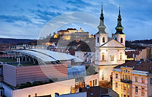 Czech Republic - Brno skyline at night with sqaure and cathedral Petrov