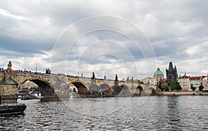 Czech Republic, Charles Bridge across Vltava river on which the ship sails