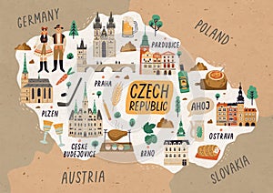 Czech Republic cultural map hand drawn illustration. European country traditional symbols. People in authentic clothing