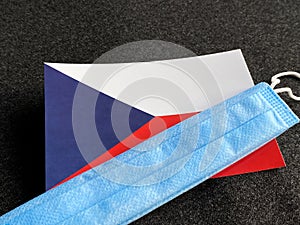 Czech Republic, Czech flag is near a blue mask on the dark gray background. Tourist trip. European Football Championship