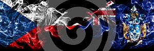 Czech Republic, Czech vs British, Britain, Tristan da Cunha smoky mystic flags placed side by side. Thick colored silky abstract
