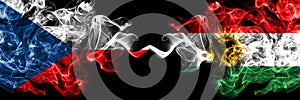 Czech Republic, Czech vs Kurdistan, Kurdish, Kurds smoky mystic flags placed side by side. Thick colored silky abstract smoke