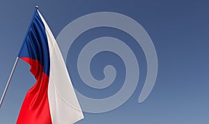 Czech Republic flag on flagpole on blue background. Place for text. The flag is unfurling in wind. Czech, Prague. Europe. 3D