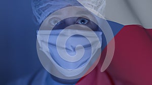 Czech Republic flag waving against female scientist wearing  face mask