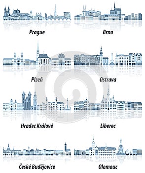 Czech Republic main cities cityscapes in tints of blue color palette.Crystal aesthetics style