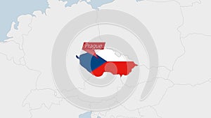 Czech Republic map highlighted in Czech Republic flag colors and pin of country capital Prague