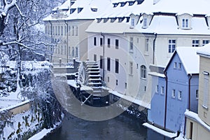 Czech Republic, Pague, water mill in snowfall