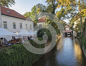 Czech Republic, Prague, September 8, 2018: Certovka river, Devil`s Channel, also called Little Prague Venice between Kampa island