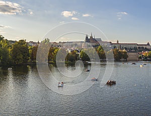 Czech Republic, Prague, September 8, 2018: panorama of Gradchany, Prague Castle and St. Vitus Cathedral, Strelecky ostrov island, photo