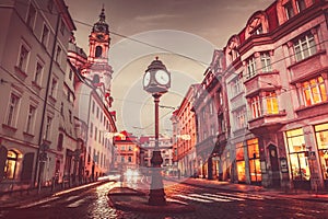 Czech Republic Prague square with old street lamp clock