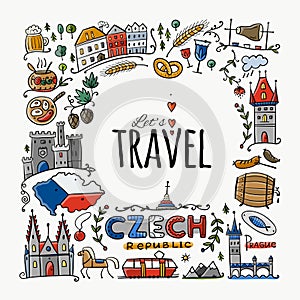 Czech Republic. Travel illustration with Czech landmarks, people and food