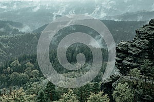 Czech Switzerland Bohemian Switzerland or Ceske Svycarsko National Park. Misty landscape with fir forest