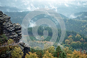 Czech Switzerland Bohemian Switzerland or Ceske Svycarsko National Park. Misty landscape with fir forest