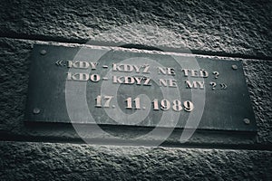 Czech text on memorial plaque for Velvet revolution