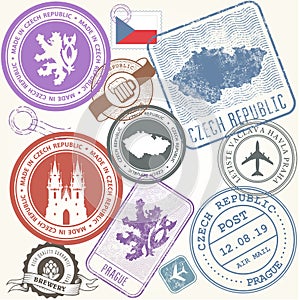 Czech travel stamps set - Prague journey symbols