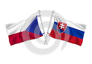 Czechia and Slovakia flag waves on a flagpole, Czechoslovakia flags, white background
