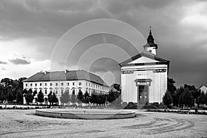 Czechoslovak Army Square with baroque church in Terezin fortress town, Czech Republic