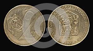 Czechoslovakian koruna coins, arranged in a vertical composition