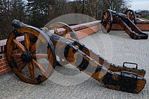 Czestochowa, Poland, Jasna Gora Monastery - 18 February 2020: cannons on the ramparts of Jasna Gora, bastion of Saint Roch. The w