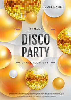3D abstract background with colorful golden spheres and disco ball spheres. Disco ball background. Disco party poster.