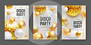 3D abstract background with colorful golden spheres and disco ball spheres.  Disco ball background. Set of disco party posters.