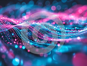 3d abstract background with glowing particles. wave with depth of field and bokeh. 3d render Generative AI