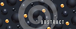 3D abstract black and golden spheres on dark black background.