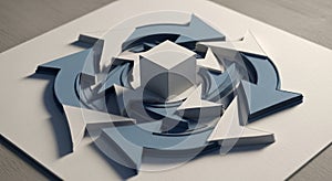 A 3D abstract composition features a