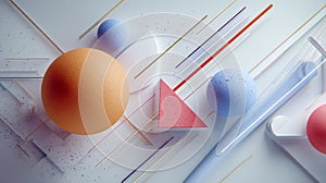 3d abstract composition featuring colorful geometric shapes including spheres, a triangle, and lines on a smooth light background