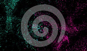 3D abstract digital technology particles fragmentation and mixing of green-pink on black background