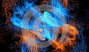 3D abstract digital technology particles fragmentation and mixing of orange-blue on black background