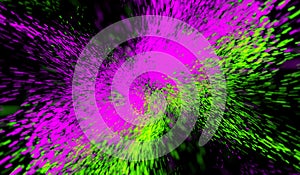 3D abstract digital technology particles fragmentation and mixing of pink-green on black background