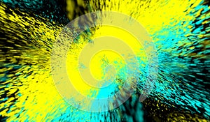 3D abstract digital technology particles fragmentation and mixing of yellow-blue on black background