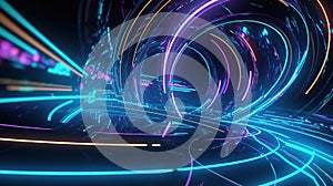 3d abstract futuristic neon background with spinning glowing lines, speed of light, ultra violet rays
