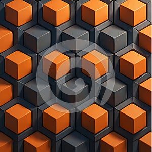 3D Abstract Hexagonal Cube Pattern in Orange and Dark Gray Background