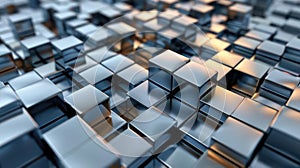 3D abstract metallic cubes stacked in a grid pattern