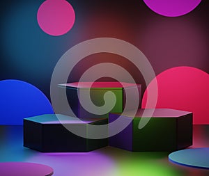 3d abstract minimal geometric forms. RGB CYMK light podium for your design. Fashion show stage, shopfront. Empty scene for photo