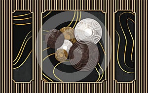 3d abstract mural art wallpaper . circles and golden lines in black background .